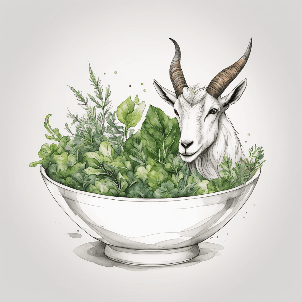 The background is white, featuring a modern design of a glass bowl filled with mixed greens, looking fresh and delicious. A simple, stylish goat beard logo design is integrated with the bowl design, with a variety of colors.